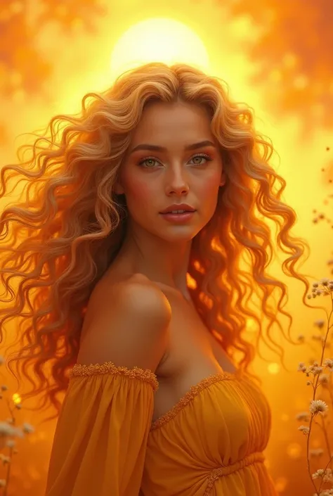 design [citron styles]  Of a woman with curly golden hair, inspired by the Sun 