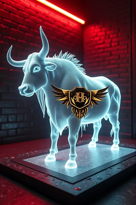 Displays a full hd risolus benteng seperti sapi hologram logo is made of Thick metal blend of gold and Black and wings of a ribbon inscribed The name of  and a led Red color on the side of the background logo Glistening black brick with lighting Red fluore...