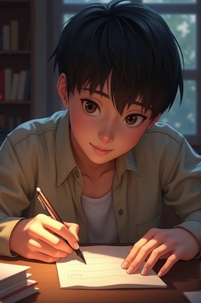  Young man writing a note with straight hair, smiling pale face , 