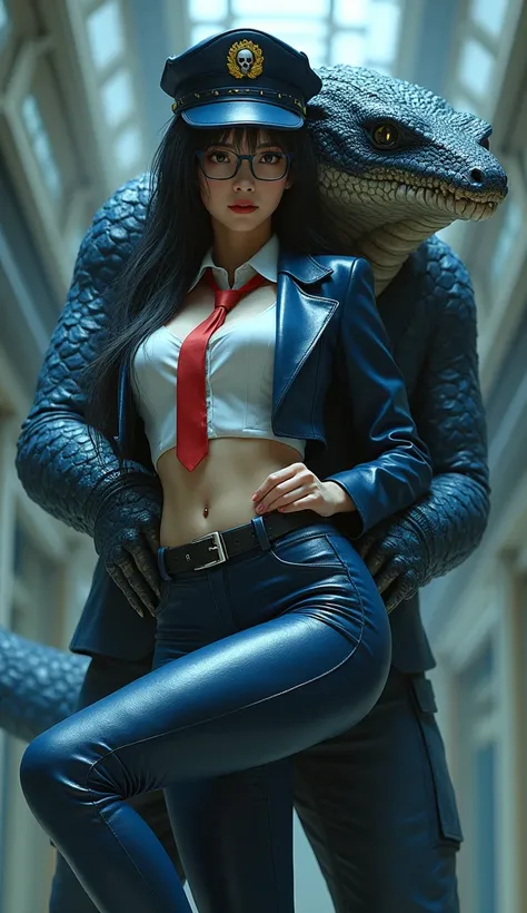 (High quality, masterpieces, Realistic and detailed depiction), One Japanese woman (32 years old) hugged by cobra-head reptilian humanoid from behind, covered in blue snake skin leggings downwards from her lower back:1.4, lift up her right leg high, Beauti...