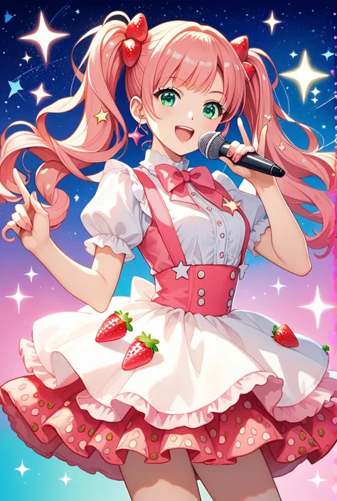 a girl in a pink strawberry dress, teal eyes and two brown and teal wavy ponytails holding a microphone, female pop star,anime girl, official character illustration, official character art, watermeloncore, candy girl, kawaii manga style, kawaii anime manga...