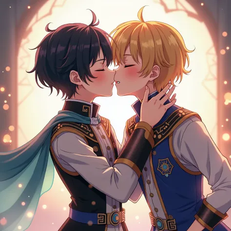 A boy with black hair and a magic outfit another boy with blond hair and a magic outfit kissing the boy with black hair anime