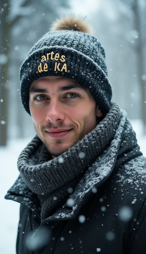 a young man, about 30 years old, wearing a hat written "ARTES DE IA" and scarf in the snow, shutterstock, digital art, cute young man, in a storm, looking FRONTwards, bokeh top cinematic lighting