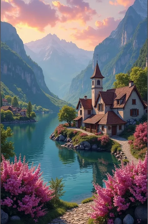 Small village by the river, mountains in the background, colorful pink flowers, detailed landscape, beautiful scenery, atmospheric lighting, scorching sunset, warm colors, practical, photography, detailed foliage, intricate buildings, cobblestone street, c...