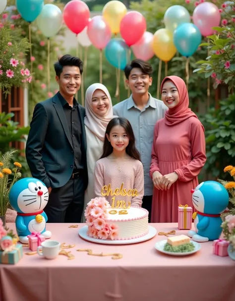  Photo of a  Korean beautiful girl  Another birthday in front of him there is a birthday cake with the inscription "happy birthday Chelsea Inara 9 " Beside him there are 2 handsome Korean guys and there are 2 girls in hijab and long hair background in the ...