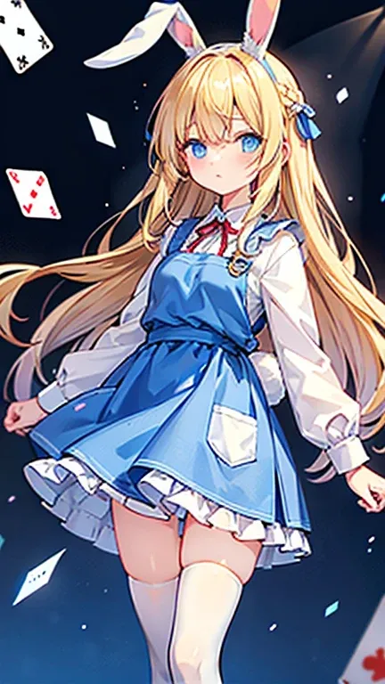 "a giant pocket watch stands behind her", and playing cards fly all around him.wearing white apron on light blue short skirt dress, wearing light blue short skirt dress,""wearing ribbon like black bunny ear"", "Bunny ear ribbon" is generally refers to ribb...