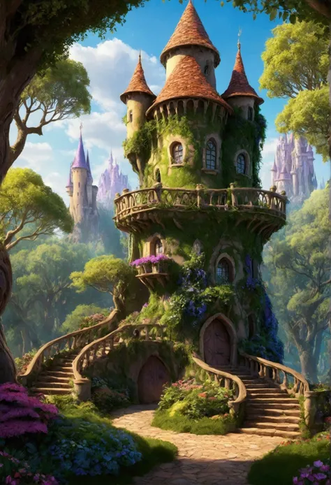 Rapunzel Tower landscape in a magical enchanted forest 