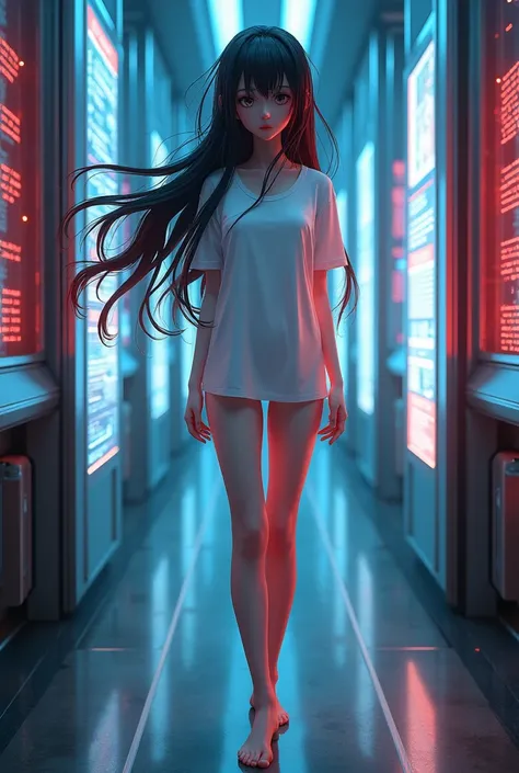 ( pajama t-shirt: 1.2), 1 girl, alone, without clothes, Are standing_to divide, Ayanami Rei, beautiful girl, em pé com as  open legs , (white blouse: 1.2) 、  long hair ,  colorful locks ,  black hair,  Fringe between the eyes, headset with interface,  hair...