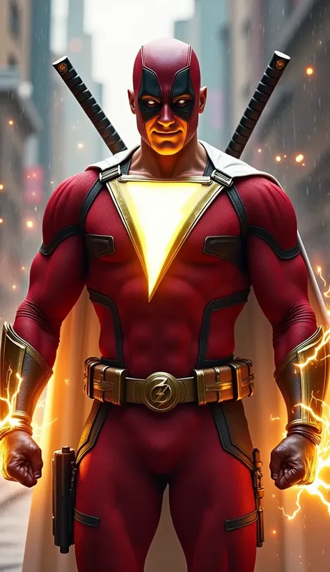 Create a hyper-realistic fusion of Shazam and Deadpool. The character should feature Shazams muscular physique, bright red suit, and glowing gold lightning bolt emblem on the chest, but combined with Deadpools edgy, tactical aesthetic. Integrate Deadpools ...