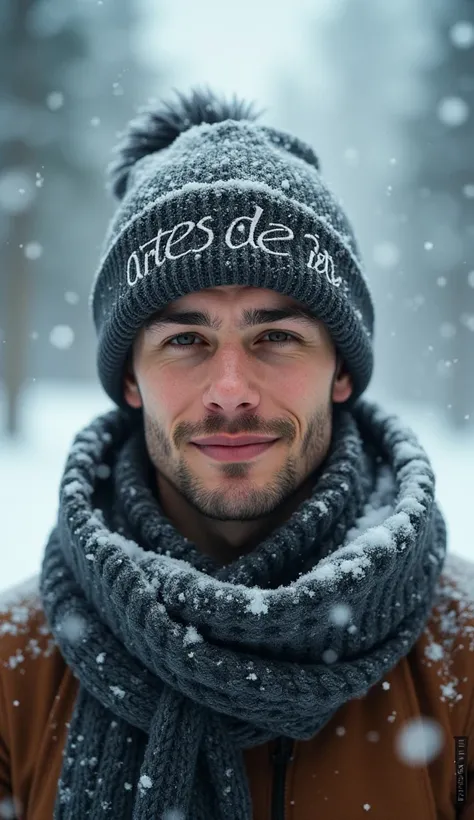 a young man, about 30 years old, wearing a hat written "ARTES DE IA" and scarf in the snow, shutterstock, digital art, cute young man, in a storm, looking FRONTwards, bokeh top cinematic lighting