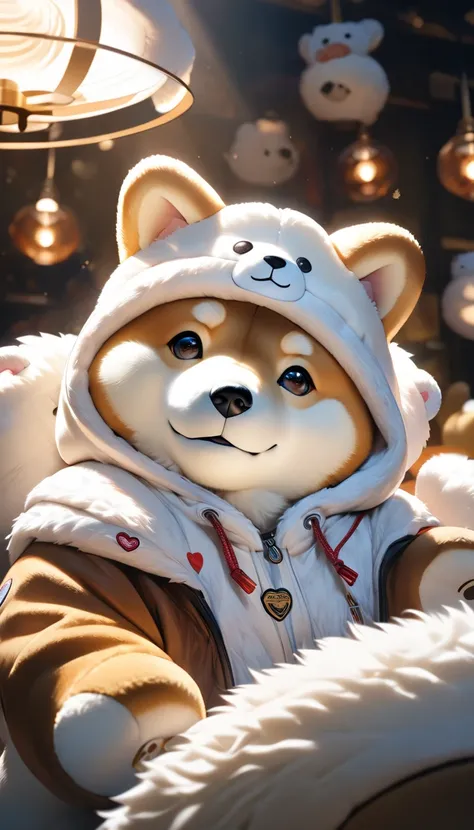  stuffed Shiba Inu wearing a white bear costume、Fluffy little Shiba Inu plush toy 、hooded white bear costume 、 cute bear、 they love each other 、8k、 High Quality 、masterpiece、 detailed fur texture 、Detailed Outfit Design 、 Studio Lighting 、realistic lightin...