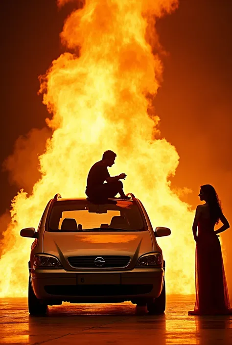 Photographie qualité professionnelle avec appareil canon professionnel , Opel Zafira Noir year 2003 comes out of a wall of flame a man in a black stunt suit is kneeling on the roof , A woman in a red dress is in front of the stage img_0123718.HERE