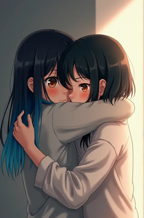 a girl with dark hair on top and blue hair at the ends to the shoulders with brown eyes hugs a black-haired girl with shoulder length hair 