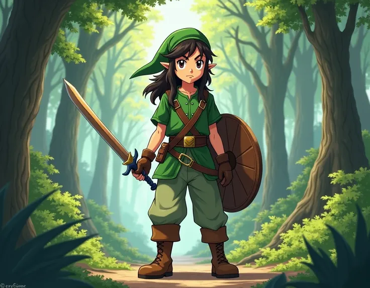 Anime boy dark Brown hair with long sideburns brown eyes he wears green tunic short sleeves he has a green long hat light green pants brown boots he hold wooden sword in his left hand and wooden shield in his right hand he is in the forest