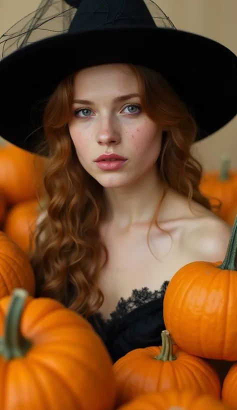 A captivating Halloween-themed portrait showcases a young woman with striking features against a backdrop of autumnal pumpkins. She wears an elegant witchs costume, complete with a large black pointed hat adorned with wispy strands. Her auburn hair cascade...