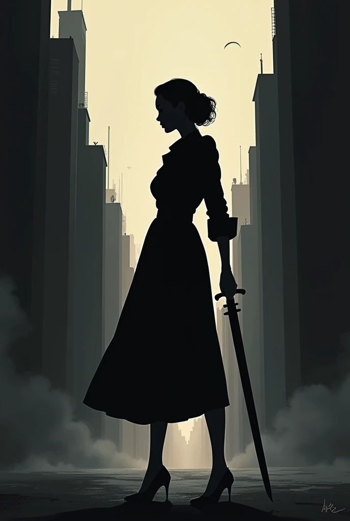 Comic book style art, a minimalist silhouette of a woman in a metropolis, in the classic noir style. She is holding a sword with a firm and determined posture. The setting is a dark city, with deserted streets and tall buildings. The environment conveys an...