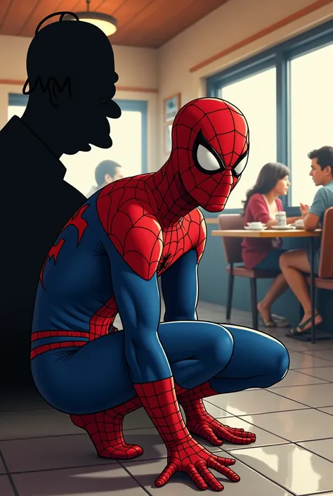 Generate me the Kneeling Spider-Man in Homer Simpsons side in a restaurant 