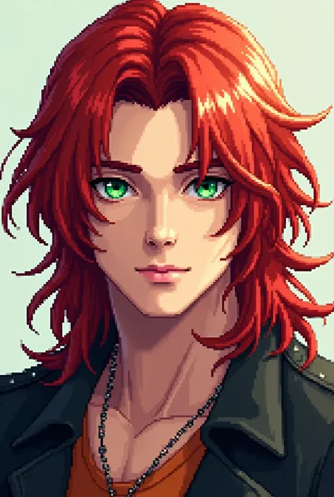 Sexy red-haired young man with green eyes long hair, Pixel Art, 