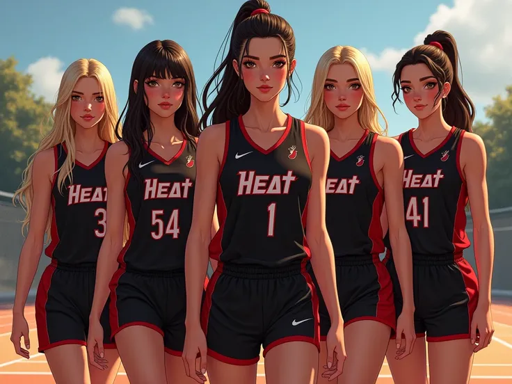 5 teenage girls. They are all very beautiful. They are on the basketball team. Wearing a jersey with "Heat" word on the jersey. The jersey colour is black and red