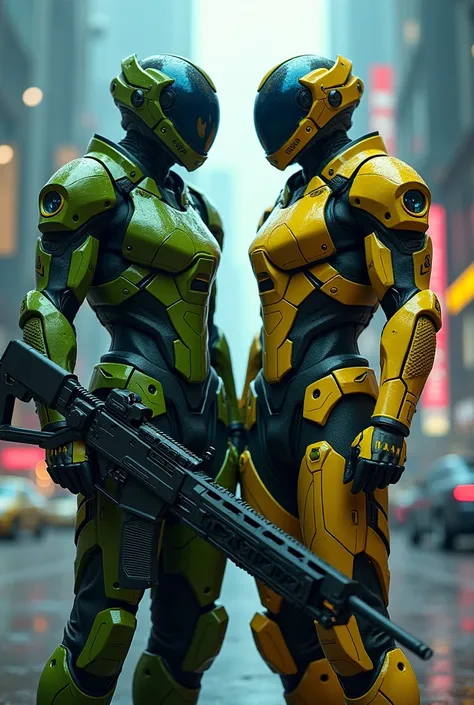 A couple of futuristic armored Heroes,   in the colors of the Brazilian flag  , com uma mega arma ciberpunk 