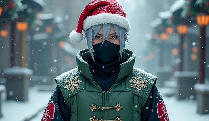 Kakashi Hatake without a mask in a Christmas hat and a beautiful costume 