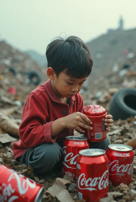 Create an image of a boy making a supermen out of Coca-Cola cans in a landfill 