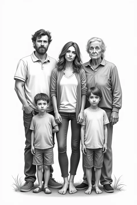 Give me a realistic picture of this family: 

- 38-year-old woman
-Husband 
-Ex-Husband 
-2 ren
-75-year-old elderly mother 

BLACK AND WHITE DRAWING OF ALL 