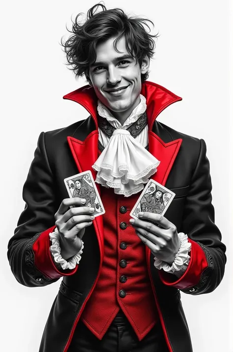  realistic drawing of a man in his early twenties, in black, white and red, dressed like a court fool , Holding cards 