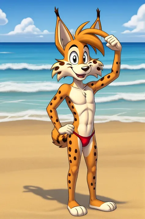 Lynx cartoon guy full length slim skinny in red speedo on the beach with a happy face striped tail