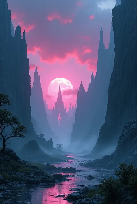 Rainy landscape with red clouds ,  with an aqua sky and a pale purple moon ,  the landscape will have large canyons like Scandinavia ,  in the distance you will see a ruined city and a soft pink sunset