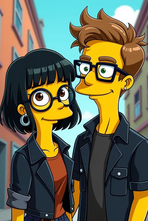 a couple,  an 18-year-old girl with short black hair with bangs ,  brown eyes with round glasses and dark rock clothes .  in the company of a 21-year-old man with voluminous wavy hair light brown ,  with green eyes with small square glasses and with a hoop...