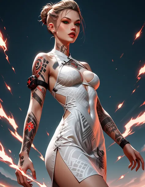 Score_9, score_8_up, score_7_up, MEJack, 1girl, slim figure, dark blonde hair, (green eyes), messy bun hairstyle, undercut hairstyle, tattoo,tattooed body, chest tattoo, wearing white bodycon dress, (sideless dress), keyhole cutout, (((red) psychic energy ...