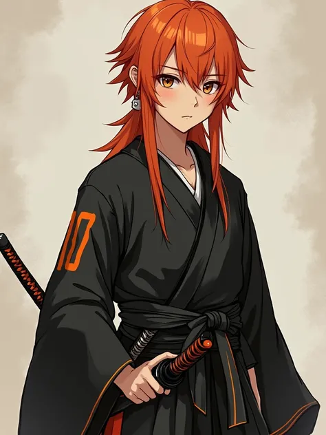 Play the character MALE BOY between fifteen and thirteen years old fair skin red light orange hair straight hair voluminous on the sides with light brown eyes like a failed 19th century samurai in black clothes with a number ten and orange on the sides and...