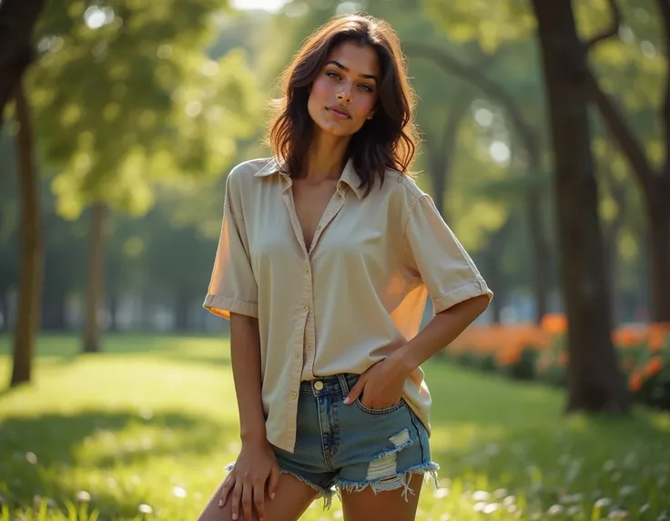 1 woman, 25 years, Brazilian, beautiful, delicate face, linda,  with natural features , ([in an outdoor park),  green setting illuminated with trees and flowers in the background,  realistic skin texture ,  professional photo,  masterpiece ,  of the highes...