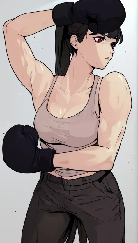 black hair,masterpiece,best quality,highres,ultra-detailed,aashizue,long hair,cargo pants,(tank top:1.2), boxing gloves,cleavage,toned, sweating, (sleeveless:1.4),cowboy shot,