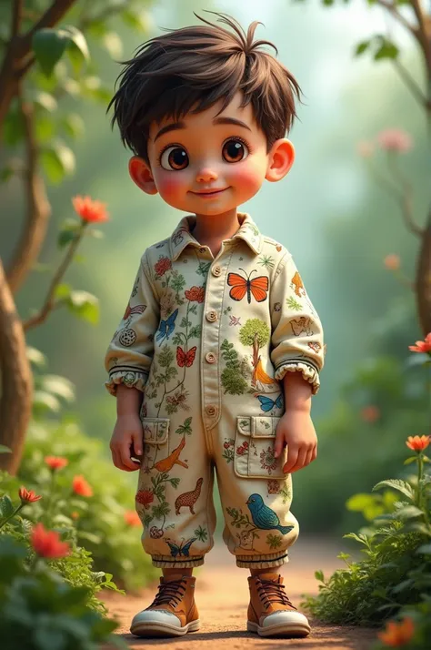 A boy between 5 and  wearing clothes with drawings of animals and nature and wearing a jumpsuit