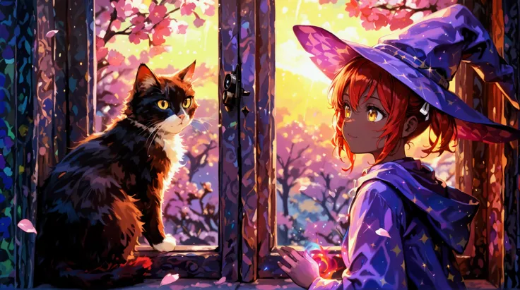 (((dark brown skin))),high contrast, HDR, colorful colors, more sharpness, red hair, cute face, adorable face, yellow eyes, white ribbon in the hair, twintails, red hair, more red hair, super red hair, wizard, magic, mage, cat watching the camera, casting ...