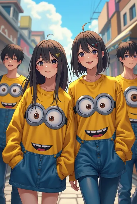 Make two anime women dressed in a Minions sweatshirt and with about 3 men dressed in Minions anime sweatshirt