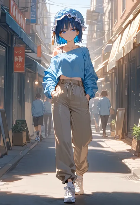 masterpiece,1girl,solo, short hair, blue hair, off shoulder:1.2, mob cap, street,hand on hip, hand in pocket, dynamic pose, girl, (tomboy 2.0)