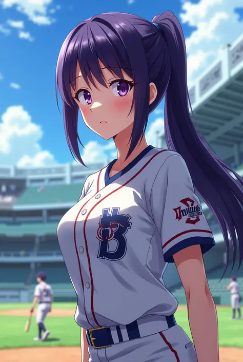 Japanese animation style、High school girl、Baseball uniform 、 Baseball Cap 、 Practice Area、Dark Purple Long Hair、single ponytail、 purple pupils、 full breasts 