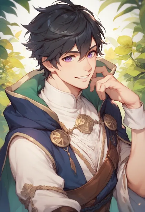 man,  dressed as Kiran from Fire Emblem Feh, black hair with green tips, purple eyes,  fair skin , Simple smile with your mouth shut .