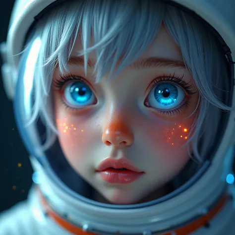  Close-up of an improved masterpiece:1.5)0.9], (Space and astronauts:1.2) ( Messy silver hair :1.1) ( Heterochromia: xanthochromia and blue eyes :1.2) (space helmet:1.0) ( Colored stars in the eyes:1.0) (A radiant glow:1.1) ( thick lips:0.9)