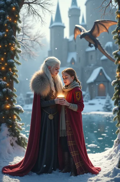 Create an image of Daenerys Targaryen and Hermione Granger at Christmas 