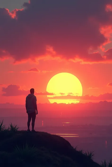  A dazzling sunset over a futuristic horizon.  A lonely person on top of a hill , looking at the sun,  with stars beginning to appear in the sky . The sentence "Value today "  written in soft letters in the sky . Write the sentence in Portuguese.