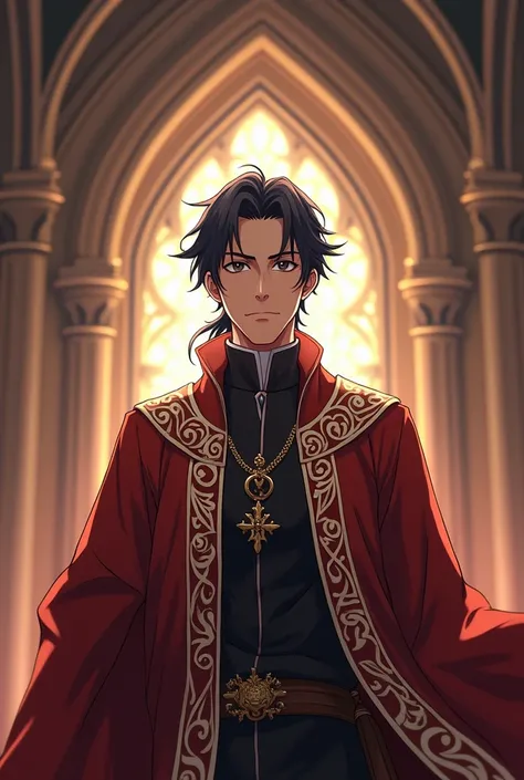  Middle-Aged Lord, church clergyman ,  with black hair and in attractive anime style 
