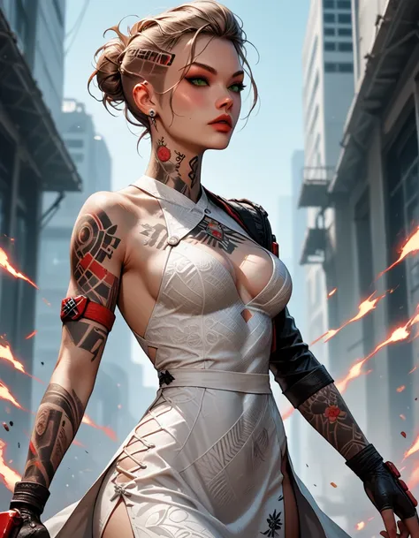 Score_9, score_8_up, score_7_up, MEJack, 1girl, slim figure, dark blonde hair, (green eyes), messy bun hairstyle, undercut hairstyle, tattoo,tattooed body, chest tattoo, wearing white bodycon dress, (sideless dress), keyhole cutout, (((red) psychic energy ...