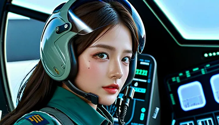 1girl, (beautiful face), female jet fighter pilot, holding a pilot helmet with LED interactive screen and HUD heads-up display on the visor, target system displayed on the visor, communication system, open visor, sexy pose, floating hair, standing, (upper ...