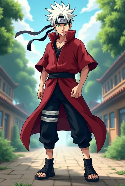  make a fictional male character inspired by the ANIME NARUTO,  his hair is white , He has a konoha headband , green eyes,  red clothes and black pants , black sneakers 