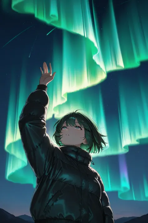 (A girl, girl is , girl has short hair, girl has airy bob hair, girl has dark green hair, girl has half-open eyes, girl is watching the aurora, girl is looking at the sky, girl is looking up, girl is wearing a black down jacket, down jacket has fur, girl h...