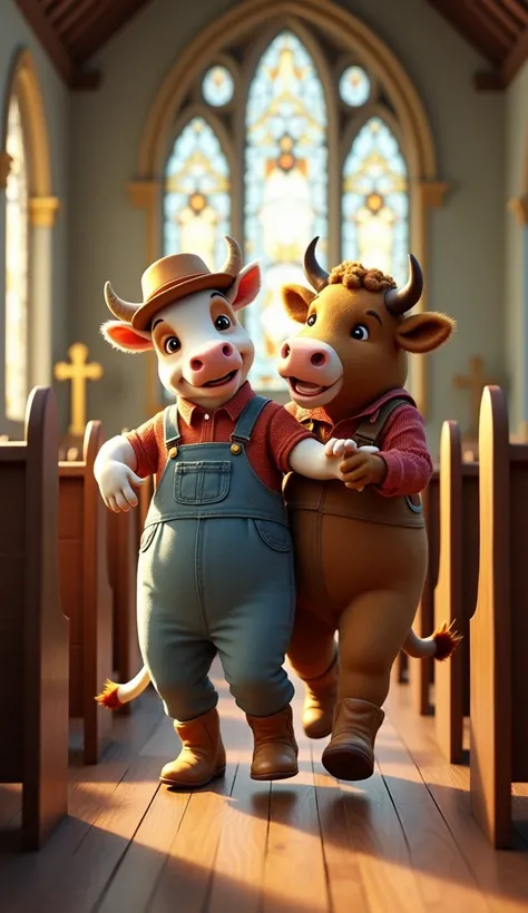 a cow and an ox dressed in cowtry clothes with boots and chapel dancing 